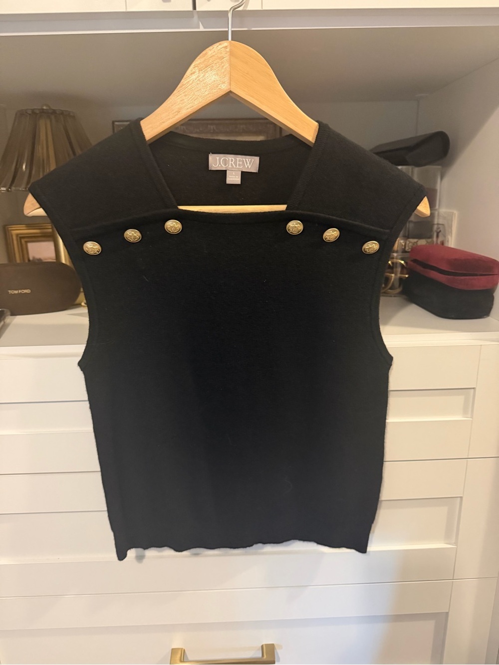 J. Crew Black Sleeveless Knit Tank with Gold Button Accents